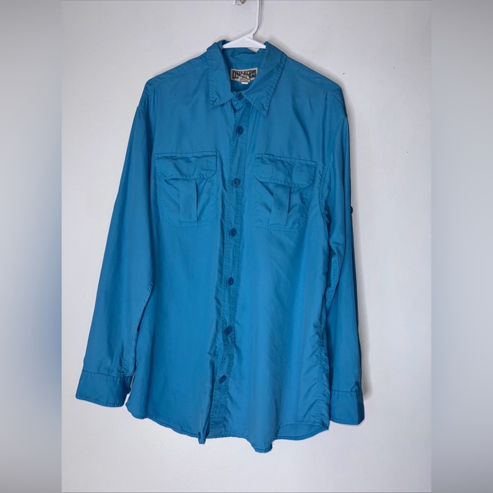 duluth trading Medium Blue Long Sleeve Collar Button Down Nylon Shirt
